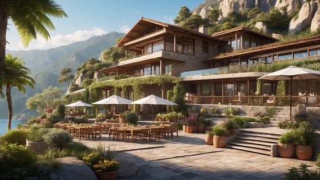 Luxuriöse Villa mit Terrasse, Sitzplätzen und Sonnenschirmen, umgeben von Pflanzen und Blick auf die Berge und das Wasser.