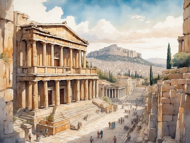 Auf dem Bild ist eine Darstellung eines antiken Teils von Athen zu sehen, die von monumentalen Bauwerken geprägt ist. Im Vordergrund erkennt man imposante Säulen und Treppenanlagen, die typisch für die griechische Architektur sind. Diese Strukturen spiegeln die kulturelle Blütezeit Athens wider, die für ihre Philosophie, Kunst und politische Innovationen bekannt ist.Im Hintergrund erhebt sich der berühmte Akropolis-Hügel, auf dem sich Tempel wie das Parthenon befinden. Die dargestellte Szene vermittelt ein Gefühl von geschäftlichem Treiben, mit Menschen, die die Plätze und Straßen entlanggehen. Diese Atmosphäre spiegelt das lebendige Leben und den sozialen Austausch wider, die charakteristisch für das urbane Leben im antiken Athen waren. Die Architektur und der Lebensstil dieser Zeit sind ein Ausdruck der großen Bedeutung von Kunst und Wissenschaft in der griechischen Kultur.