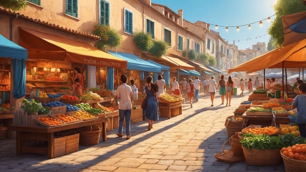 Bunte Marktstände mit Obst und Gemüse, Menschen flanieren auf einer sonnigen Straße in einem mediterranen Ambiente.
