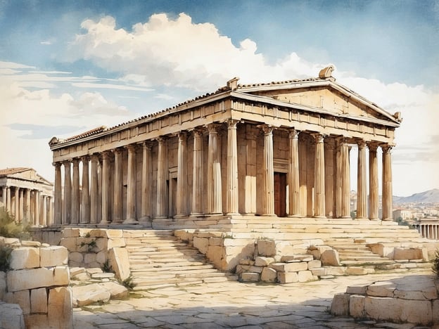 Auf dem Bild ist ein antiker Tempel zu sehen, der an die klassisch griechische Architektur erinnert, wie sie in Athen vorkam. Solche Bauwerke sind Teil des reichen Erbes Athens in Kunst und Literatur. Der Tempel, der wahrscheinlich einem bestimmten Gott gewidmet ist, steht als Symbol für die religiöse und kulturelle Bedeutung der Stadt.Das Erbe Athens beeinflusste zahlreiche literarische Werke, in denen die Ideale von Schönheit, Harmonie und dem menschlichen Geist thematisiert werden. Schriftsteller und Philosophen wie Platon und Aristoteles wurden stark von der Architektur und den Idealen ihrer Zeit geprägt. Zudem sehen wir in der bildenden Kunst häufig Darstellungen solcher Tempel, die die Bedeutung der antiken Kultur stilistisch und konzeptionell festhalten.
