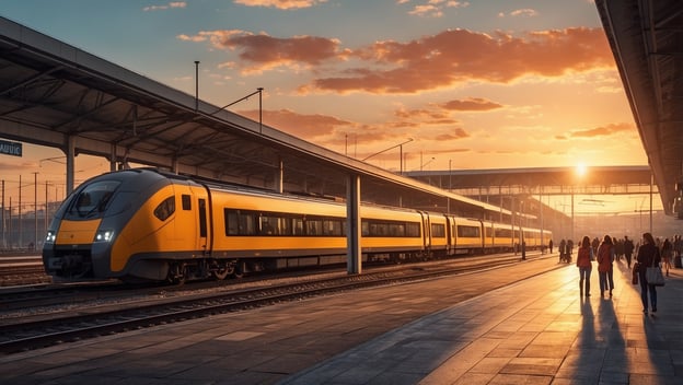 Ein gelber Zug steht am Bahnsteig während des Sonnenuntergangs, Passagiere gehen über den Bahnhof.