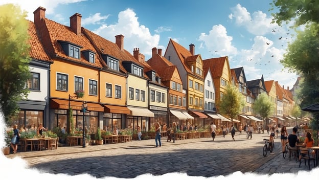 Charmante Straßenszene mit bunten Fachwerkhäusern, Straßencafés und Besuchern, ideal für Urlauber-Aktionstage in Boltenhagen.