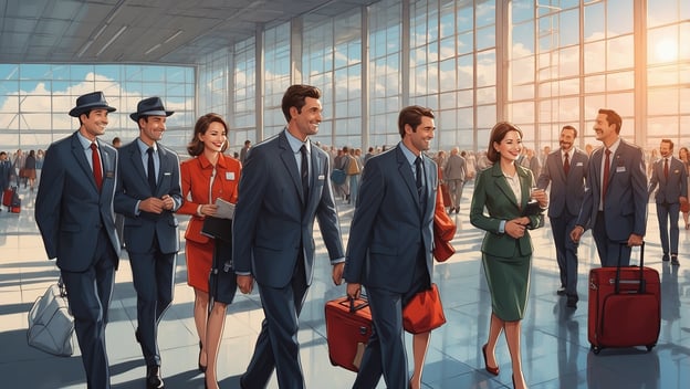 Zwei Flugbegleiter in Uniform gehen lächelnd durch den Flughafen, während Passagiere im Hintergrund unterwegs sind.