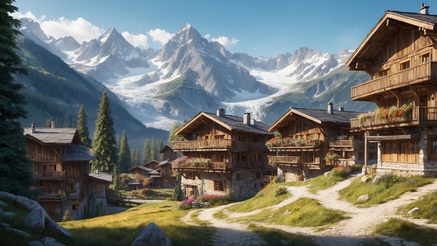 Alte Holzhäuser vor einer majestätischen Berglandschaft mit Gletschern, umgeben von grünen Wiesen und Tannenbäumen.