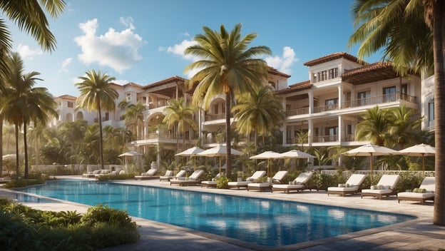 Elegantes Resort mit luxuriösem Pool, Liegen und Palmen umgeben von tropischem Grün am Traumstrand von Florida.