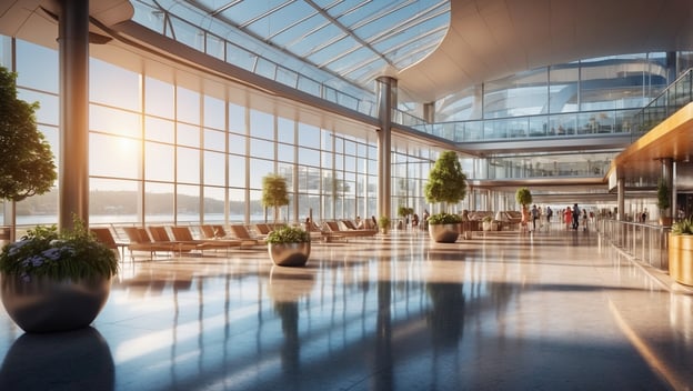 Moderne, helle Flughafenlobby mit großen Fenstern, bequemen Sitzgelegenheiten und grünen Pflanzen. Menschen bewegen sich im Raum.