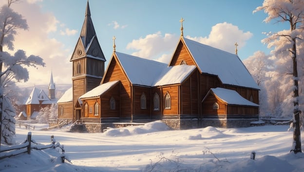 Eine holzverkleidete Kirche mit einem hohen Turm steht im Schnee, umgeben von winterlicher Landschaft und Bäumen.