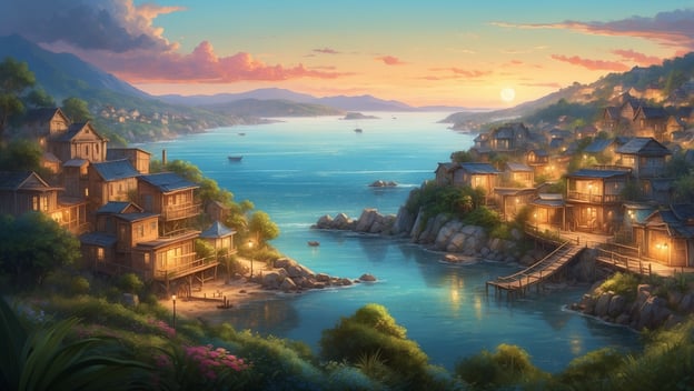 Malerische Küstenlandschaft mit Holzhäusern, sanften Hügeln und ruhigem Wasser bei Sonnenuntergang. Entdecke Nebelzauber, Schutzbau und Hurrikan-Abenteuer für deine Reise!