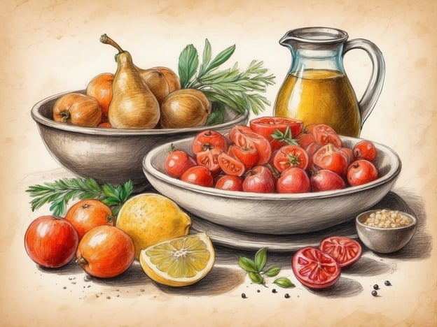 Auf dem Bild sind verschiedene Früchte und Zutaten abgebildet, die in der griechischen Esskultur eine wichtige Rolle spielen. Tomaten sind ein zentraler Bestandteil vieler griechischer Gerichte, insbesondere in Salaten wie dem klassischen griechischen Salat (Horiatiki), der auch Feta-Käse und Oliven enthält.Olivenöl, das ebenfalls abgebildet ist, ist ein Grundnahrungsmittel in der griechischen Küche und wird oft zum Dressing von Salaten sowie zum Kochen verwendet. Die Zitrusfrüchte, insbesondere Zitronen, sind ebenfalls typisch für griechische Rezepte, da sie Frische und Säure hinzufügen, die viele Gerichte lebendiger machen.Die Verwendung von frischen Kräutern, wie sie im Bild zu sehen sind, ist auch charakteristisch für die griechische Kochtradition, wobei Oregano und Petersilie häufig zum Würzen eingesetzt werden. Insgesamt spiegelt das Bild die Farbenpracht und die gesunden Zutaten wider, die die griechische Gastronomie auszeichnen.