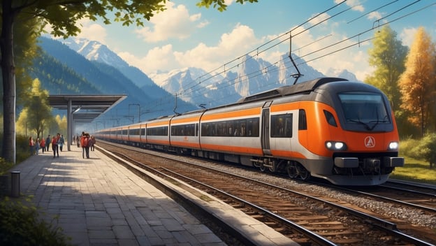 Ein Regionalzug hält an einem Bahnhof, während Passagiere auf dem Bahnsteig stehen. Hintergrund mit Bergen und Bäumen.