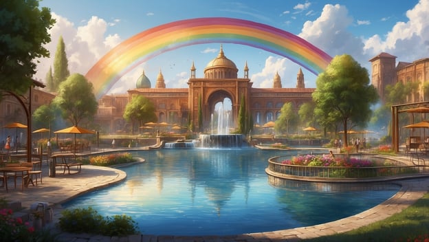 Wunderschöne Architektur am Wasser mit Regenbogen, Wasserspielen und blühenden Gärten, ideal für Abenteuer und Entspannung.