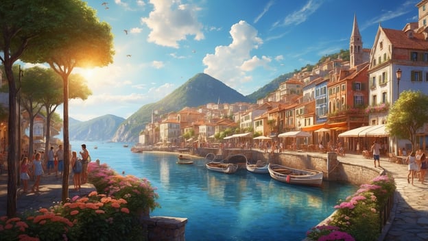 Ein malerischer Hafen mit bunten Häusern, Menschen, die sich entspannen, Boote im Wasser und eine sonnige Atmosphäre.