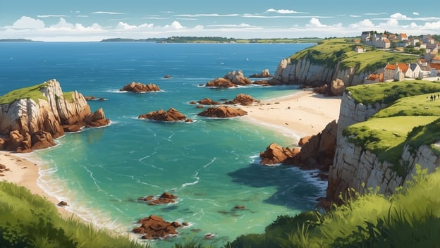 Blick auf eine Küstenlandschaft in der Bretagne mit steilen Klippen, sandigem Strand und grünem Gras, strahlend blauem Wasser.