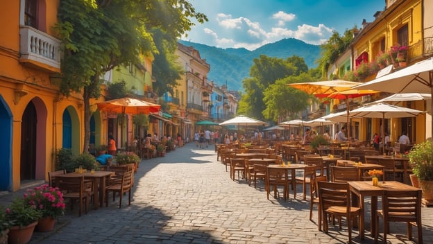 Bunter Straßencafé mit Holztischen, Sonnenschirmen und Blumen, umgeben von farbenfrohen Gebäuden und Bergen im Hintergrund.