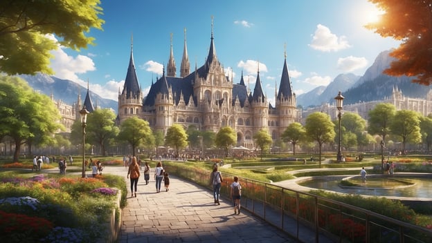 Ein majestätisches Schloss mit Türmen umgeben von Bäumen und Blumenbeeten, Menschen spazieren in einem Park.