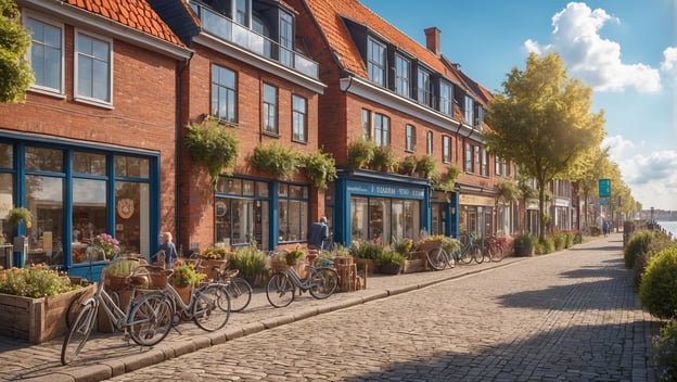 Büsum mit roten Ziegelhäusern, Fahrrädern an der Straße und blühenden Pflanzen, die eine einladende Atmosphäre schaffen.