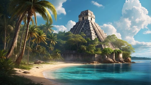 Tropische Landschaft mit einem Mayatempel, umgeben von Palmen und klarem Wasser, ideal für Abenteuer in Belize.