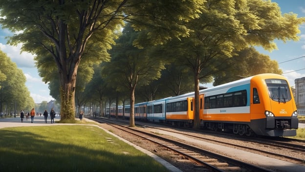 Eine orangefarbene Bahn steht an einem Gleis, umgeben von grünen Bäumen und Spaziergängern auf dem Bürgersteig.