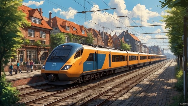 Ein orange-blauer Zug steht an einem Bahnhof, umgeben von historischen Häusern und wartenden Passagieren.