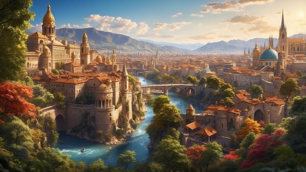 Eine malerische Stadt mit beeindruckenden Gebäuden, Flüssen und Brücken, umgeben von Bergen und Bäumen im Sonnenlicht.