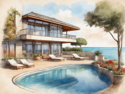Ein modernes Ferienhaus mit großen Fenstern und Holzdetails steht am Ufer, umgeben von einem gepflegten Garten. Vor dem Haus befindet sich ein einladender Pool, der die umliegende Terrasse ergänzt. Auf der Terrasse stehen mehrere Liegen, ideal zum Entspannen. Im Hintergrund erstreckt sich das Meer bis zum Horizont, während einige Bäume und Pflanzen dem Gesamtbild einen tropischen Touch verleihen. Die Atmosphäre ist ruhig und einladend, perfekt für einen Urlaub im Roompot Park Cape Helius.