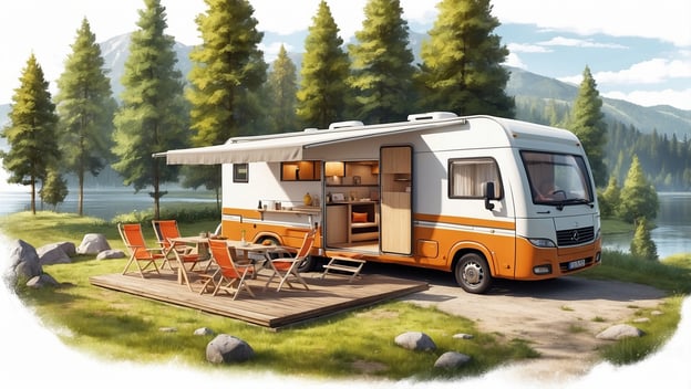 Ein Wohnmobil steht auf einer Wiese am Wasser, umgeben von Bäumen und Felsen, mit einer Terrasse und Gartenmöbeln.