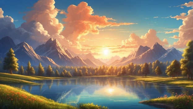 Eine malerische Berglandschaft mit einem ruhigen See, umgeben von Bäumen und blühenden Blumen, während die Sonne aufgeht.