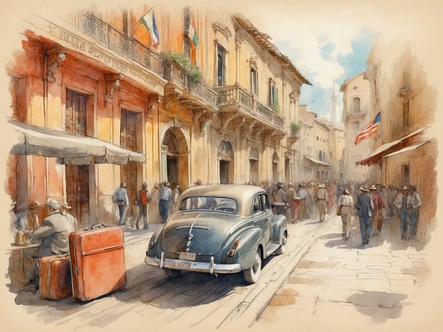 Auf dem Bild ist eine malerische Straßenszene zu sehen, die an eine historische Stadt erinnert. Zu erkennen sind elegante, alte Gebäude mit kunstvollen Fassaden, die den Einfluss verschiedener kultureller Strömungen widerspiegeln. Die Straßenszenen vermitteln eine lebendige Atmosphäre, in der Menschen zwischen Cafés und Geschäften umhergehen. Ein klassisches Auto aus einer vergangenen Epoche ist ebenfalls zu sehen, was auf die Verbindung zur Automobilgeschichte und den Fortschritt in der Mobilität hinweist.Die Flagge der USA und die Flaggen anderer Länder im Hintergrund zeigen die kulturelle Vielfalt und den internationalen Austausch, der in Städten oft vorhanden ist. Die Schilder und das Straßenbild laden dazu ein, in die reiche kulturelle Geschichte der Stadt einzutauchen, die durch Architektur, Mode und alltägliche Interaktionen geprägt ist.