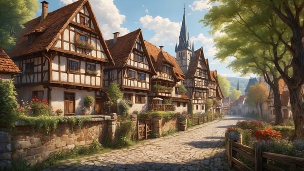 Typische elsässische Fachwerkhäuser säumen eine malerische Straße, gesäumt von Blumen und Bäumen, mit einem Kirchturm im Hintergrund.