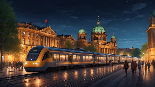 Ein moderner Zug steht an einer beleuchteten Bahnhofsstation mit historischen Gebäuden und Passanten bei Nacht.