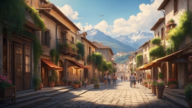 Eine malerische Straße mit historischen Gebäuden, Blumen in Töpfen und Bergen im Hintergrund, Menschen schlendern gemütlich.
