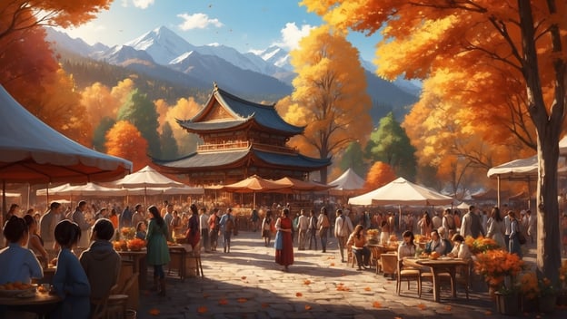Herbstliches Fest im Eisacktal mit buntem Laub, Festzelten und Menschen, die lokale Köstlichkeiten genießen.
