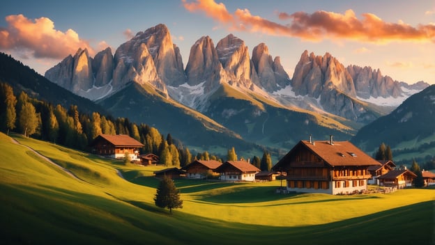 Landschaft mit beeindruckenden Bergen und idyllischen Chalets im Val Gardena, beleuchtet von warmem Abendlicht.