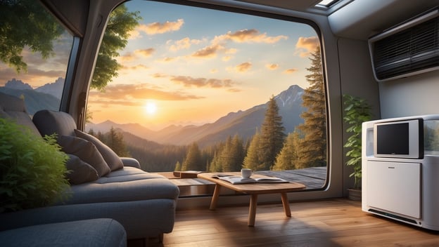 Gemütlicher Raum mit Sofa, Tisch und Pflanzen, Blick auf die Berge und den Sonnenuntergang durch große Fenster.