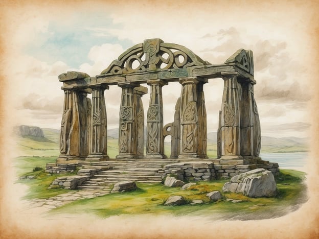 Auf dem Bild ist eine monumentale Struktur zu sehen, die an keltische Ruinen in Irland erinnert. Diese Art von Gebäude könnte ein Tempel oder ein Versammlungsort gewesen sein, der den spirituellen und kulturellen Praktiken der keltischen Gemeinschaften diente.In der keltischen Geschichte Irlands spielen solche Monumente oft eine zentrale Rolle, da sie mit der Verehrung von Göttern und der Ahnen vereint sind. Die kunstvollen Schnitzereien und Muster auf den Säulen spiegeln die charakteristische keltische Kunst wider, die für ihre symbolischen Darstellungen und komplexen Designs bekannt ist.Solche Strukturen können auch mit wichtigen Ereignissen der keltischen Mythologie verknüpft sein, in denen Natur und Übernatürliches eine bedeutende Rolle spielten. Die Landschaft im Hintergrund verleiht dem Bild eine melancholische Schönheit, die an die Verbindung der Kelten zur Natur erinnert.