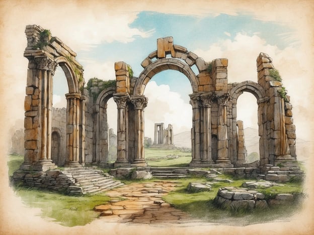 Auf dem Bild sind Ruinen von antiken Steingebäuden zu sehen, die an historische Stätten der Kelten erinnern. Diese Überreste könnten ein typisches Beispiel für die Architektur der keltischen Kulturen darstellen, die zwischen 800 v. Chr. und 1 n. Chr. in Teilen Europas lebten.Solche Stätten, wie die von Broch-Türmen in Schottland oder befestigten Höhlenanlagen, zeigen die ingenieurtechnischen Fertigkeiten und den Baustil der Kelten. Die Verwendung von großen Steinblöcken, die in Ring- oder Torbögen angeordnet sind, deutet auf eine ausgeklügelte Bauweise hin. In der natürlichen Umgebung mit sanften Hügeln könnten solche Ruinen auf eine ehemals bedeutende Siedlung oder einen Ort religiöser Verehrung für die keltischen Völker hinweisen.