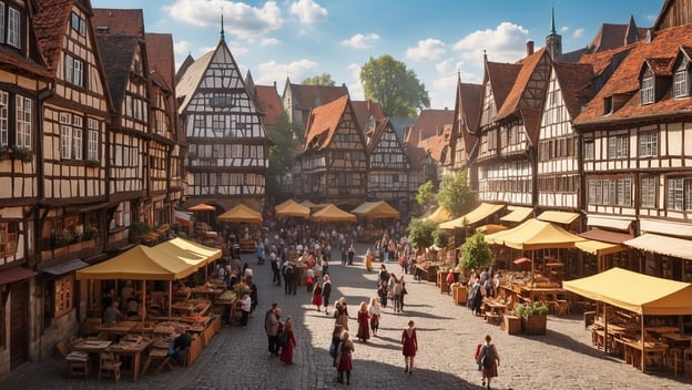 Mittelalterliches Fest mit Menschen in historischen Gewändern, Marktstände und Fachwerkhäusern in einer belebten Altstadt.