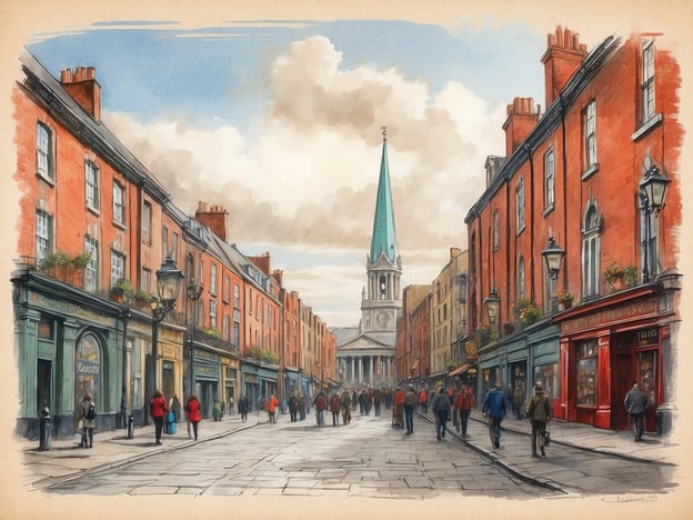 Auf dem Bild ist eine malerische Straßenszene in Dublin zu sehen, die von charakteristischen roten Ziegelfassaden geprägt ist. Solche Straßen spiegeln die vielfältige architektonische Geschichte der Stadt wider, die im Laufe der Jahrhunderte viele kulturelle Einflüsse aufgenommen hat.Im Hintergrund sieht man einen Kirchturm mit einer spitzen Haube, was möglicherweise auf die Präsenz vieler historischer Kirchen in Dublin hinweist, die bedeutende Orte für die Gemeinschaft waren. Die Menschen, die in rot gekleideten Jacken spazieren gehen, zeigen die lebendige Atmosphäre der Stadt, die sowohl Einheimische als auch Touristen anzieht.Dublin ist bekannt für seine reiche literarische Tradition, die von Größen wie James Joyce und Samuel Beckett geprägt wurde. Die Straßen der Stadt sind oft Schauplätze für soziale Interaktionen und kulturelle Veranstaltungen, was sie zu einem wichtigen Teil des dubliner Lebens macht. Die Kombination aus historischer Architektur und der dynamischen Energie der Menschen verleiht diesem Bild einen besonderen Charme, der die Kultur Dublins einfängt.