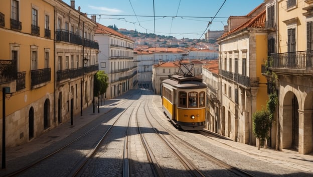 Standseilbahn fährt eine steile Straße entlang, umgeben von historischen Gebäuden in Lissabon.