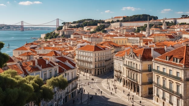 Eine weite Aussicht auf Lissabon mit roten Dächern, historischen Gebäuden und der Ponte 25 de Abril im Hintergrund.