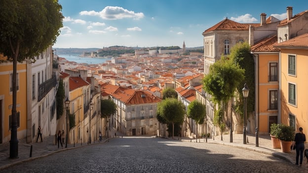Ein malerischer Blick auf eine steile Straße in Lissabon mit roten Dächern, historischen Gebäuden und Aussicht auf das Wasser.