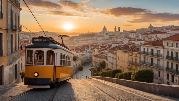 Die Standseilbahn fährt eine steile Straße hinunter, umgeben von historischen Gebäuden und einem Sonnenuntergang im Hintergrund.