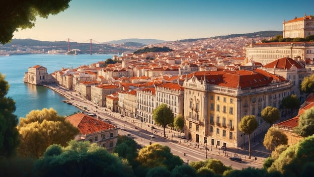 Stadtansicht von Lissabon mit historischem Hafengebäude, roten Dächern und Brücke im Hintergrund, grüne Bäume im Vordergrund.