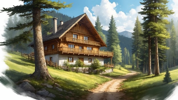 Ein traditionelles Holzhaus inmitten eines grünen Waldes mit Bäumen und einem geschwungenen Weg, ideal für Gravelbiken im Bayerischen Wald.