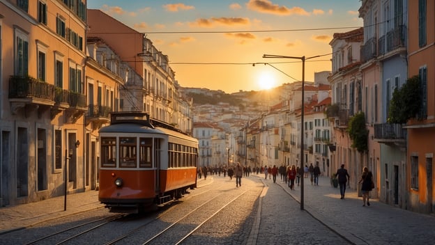 Standseilbahn in Lissabon bei Sonnenuntergang, Menschen gehen auf der Straße, historische Gebäude im Hintergrund.