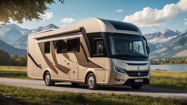 FRANKIA NEO Wohnmobil in luxuriösem Design steht auf einer Straße vor einer malerischen Berglandschaft unter blauem Himmel.