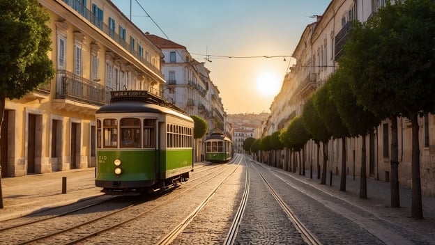 Standseilbahn in Lissabon fährt durch eine ruhige Straße mit Bäumen, während die Sonne am Horizont untergeht.