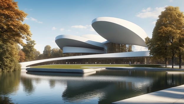 Modernes Gebäude mit geschwungenem Dach, umgeben von Wasser und Bäumen, im Sprengel Museum Hannover.