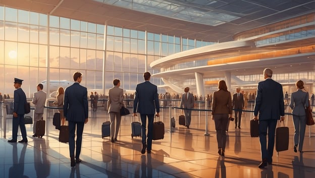 Eine Gruppe von Menschen in Anzug geht mit Gepäck durch einen modernen Flughafen mit großen Fenstern und einem Blick auf ein Flugzeug.