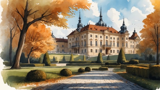 Das Residenzschloss Ludwigsburg umgeben von bunten Herbstbäumen und gepflegten Gärten unter einem blauem Himmel.